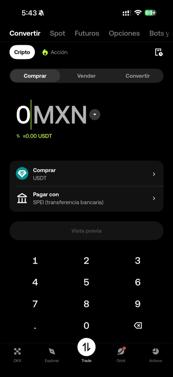 Pantalla de OKX: comprar USDT con pesos pagando por SPEI