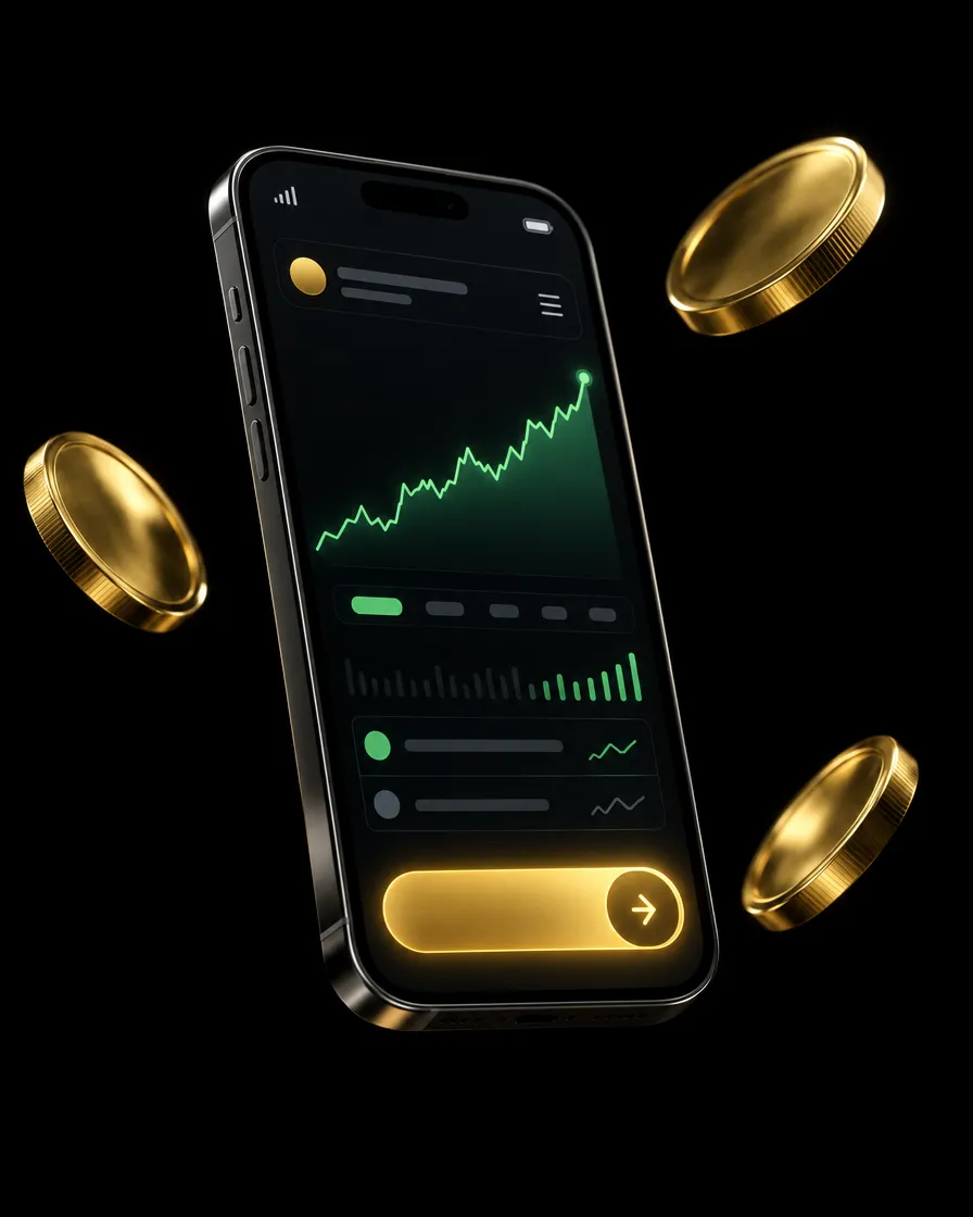 Teléfono con una app de trading y un botón dorado para comprar deslizando
