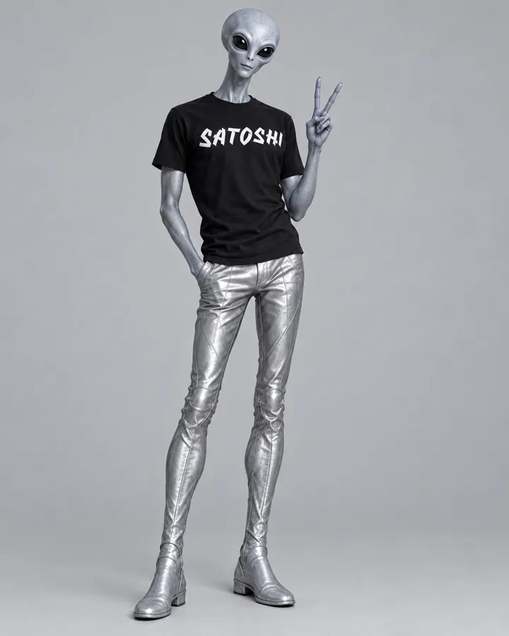 Un alien gris haciendo la señal de paz con la playera SATOSHI