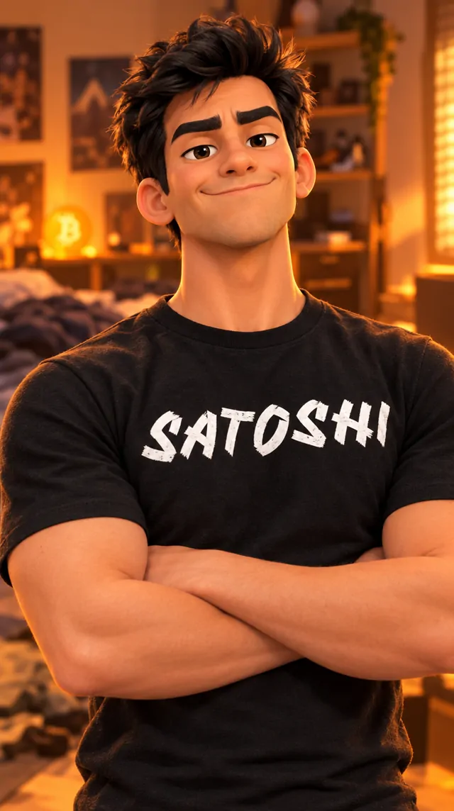 Juanito, personaje animado, con la playera negra SATOSHI