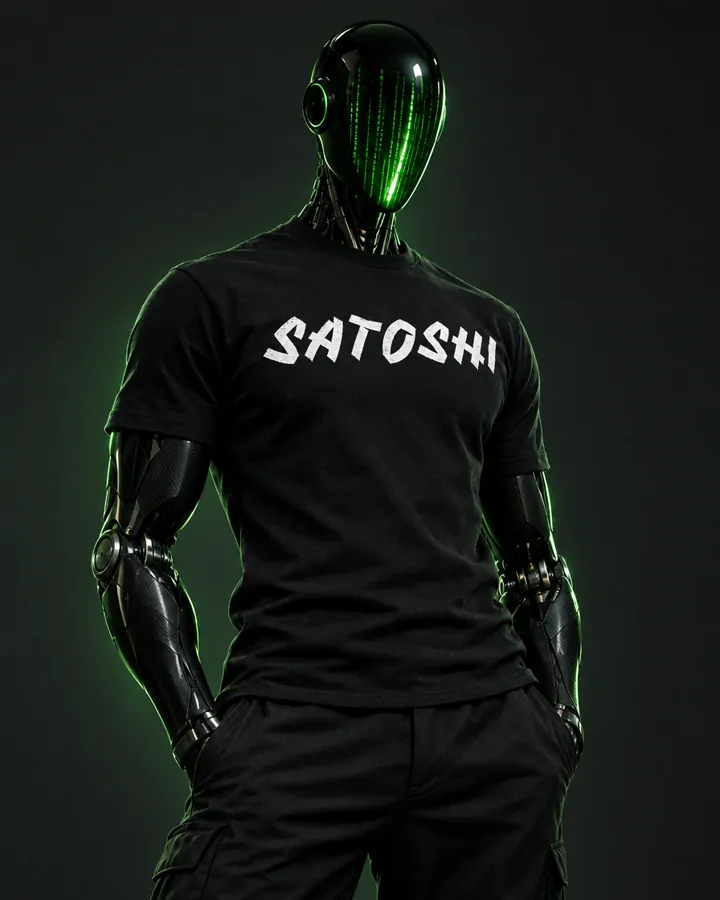 Un robot con casco verde estilo Matrix y la playera SATOSHI